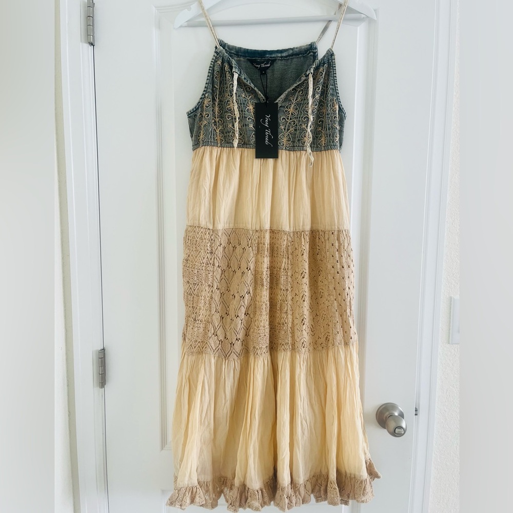 Boho Tiered Maxi Dress with Embroidered Denim Bodice - Cream & Denim